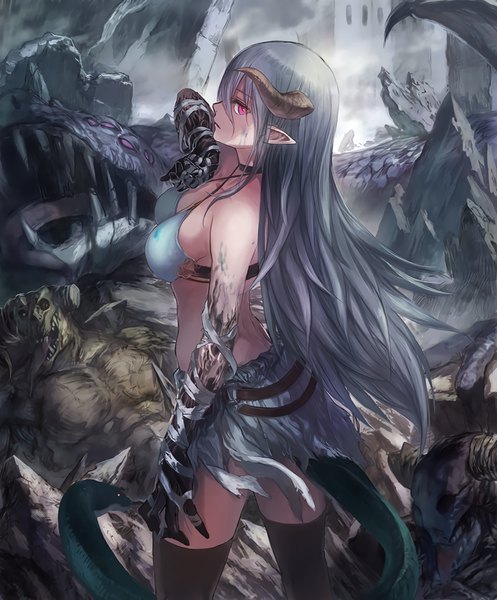Anime picture 848x1024 with shingeki no bahamut shadowverse safira synthetic beast tagme (artist) single long hair tall image looking at viewer fringe breasts light erotic hair between eyes large breasts tail profile pink eyes arm up horn (horns) pointy ears grey hair