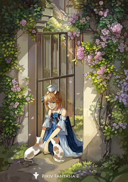 Anime picture 700x990 with original pixiv fantasia pixiv fantasia t cang tong single tall image fringe short hair blue eyes blonde hair bare shoulders hair flower inscription wide sleeves short sleeves girl dress hair ornament flower (flowers) ribbon (ribbons)