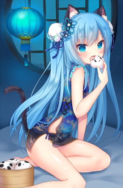 Anime picture 800x1216 with original nekoha shizuku nachi single long hair tall image looking at viewer blush open mouth blue eyes light erotic animal ears blue hair tail traditional clothes animal tail cat ears cat girl cat tail chinese clothes