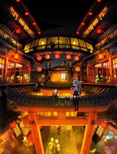 Anime picture 1300x1705 with original rias-coast single tall image blush fringe short hair sitting holding animal ears looking away silver hair bent knee (knees) tail traditional clothes japanese clothes animal tail from above night grey eyes