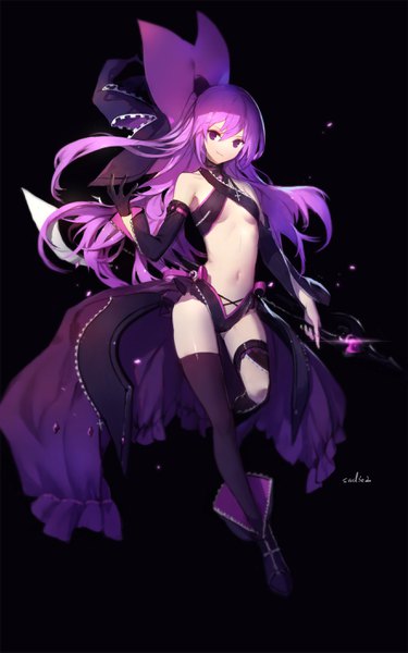 Anime picture 1772x2834 with elsword aisha landar swd3e2 single long hair tall image looking at viewer fringe highres breasts light erotic simple background hair between eyes purple eyes bare shoulders signed purple hair full body floating hair underboob