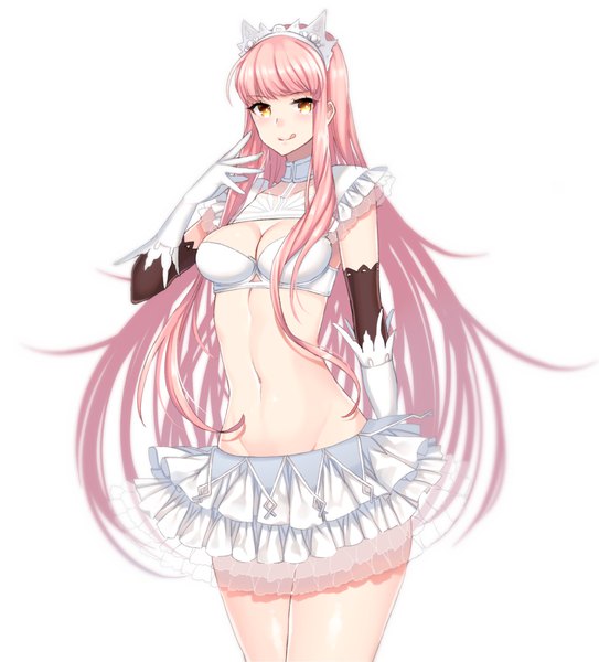 Anime picture 905x1000 with fate (series) fate/grand order medb (fate) enoshabu single long hair tall image blush breasts light erotic simple background smile standing white background yellow eyes pink hair pleated skirt blurry bare legs midriff
