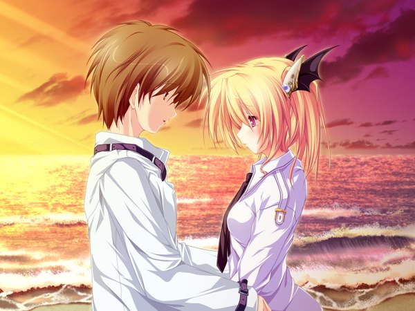 Anime picture 1600x1200 with magus tale whirlpool (studio) nina geminis amagase daiki tenmaso blush short hair blonde hair brown hair twintails brown eyes game cg profile pink eyes beach evening sunset girl boy sea