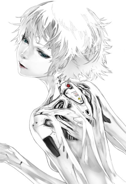 Anime picture 1100x1605 with beatless redjuice single tall image short hair open mouth simple background white background looking back aqua eyes lips inscription monochrome mecha musume girl
