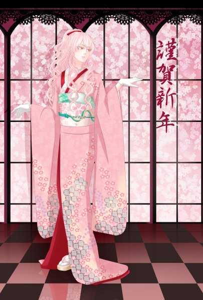 Anime picture 1680x2486 with original gomachan tall image yellow eyes pink hair ponytail japanese clothes inscription checkered floor girl gloves flower (flowers) kimono obi