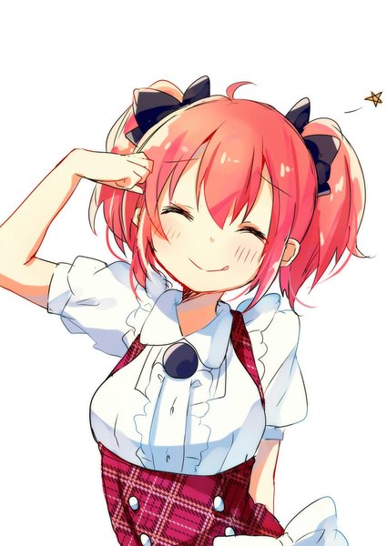 Anime picture 752x1062 with original hasegawa urumi asanagi kurumi (panda-doufu) single tall image blush fringe short hair simple background smile hair between eyes white background twintails pink hair ahoge upper body eyes closed short twintails ^ ^ dojikko pose