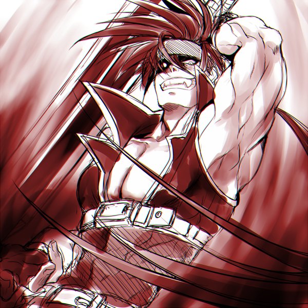 Anime picture 1000x1000 with guilty gear sol badguy kuwa ayase single long hair looking at viewer fringe simple background hair between eyes red hair arm up from below fang (fangs) grin low ponytail muscle messy hair boy weapon belt