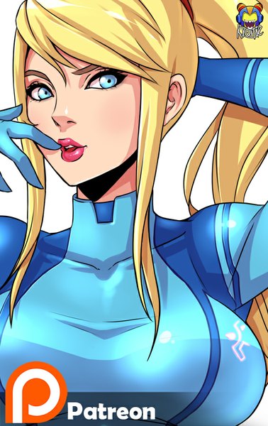 Anime picture 567x900 with metroid samus aran kyoffie12 single long hair tall image looking at viewer fringe breasts blue eyes light erotic blonde hair simple background large breasts white background lips lipstick finger to mouth eyebrows red lipstick