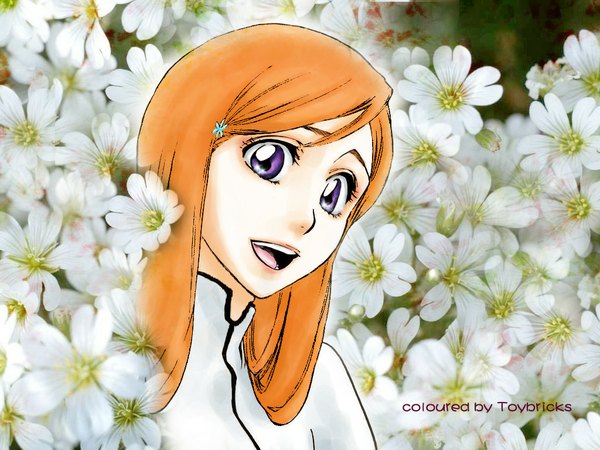 Anime picture 1024x768 with bleach studio pierrot inoue orihime single long hair looking at viewer open mouth purple eyes signed upper body head tilt orange hair girl hair ornament flower (flowers) hairclip snowflake hair ornament