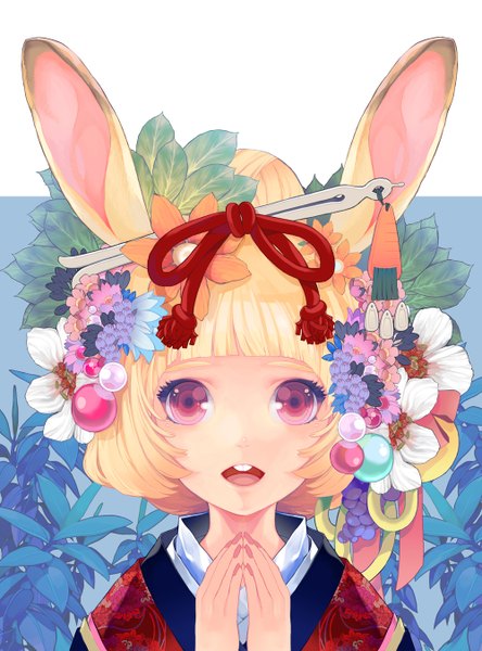 Anime picture 1000x1350 with original sereneandsilent single tall image looking at viewer short hair open mouth blonde hair animal ears nail polish traditional clothes japanese clothes pink eyes hair flower bunny ears floral print fingers together girl hair ornament flower (flowers)