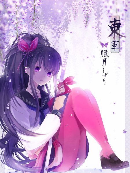 Anime picture 750x1000 with original yuukichi single long hair tall image looking at viewer fringe open mouth sitting purple eyes holding purple hair ponytail girl uniform hair ornament flower (flowers) weapon pantyhose sword