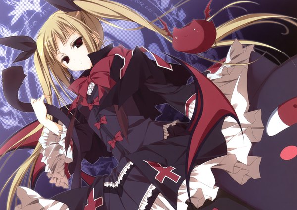 Anime picture 4942x3500 with blazblue rachel alucard inugami kira single long hair looking at viewer highres blonde hair red eyes twintails absurdres loli lolita fashion girl dress wings