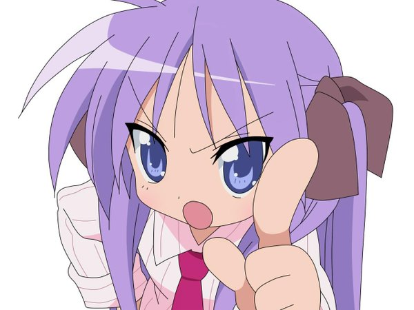 Anime picture 1280x960 with lucky star kyoto animation hiiragi kagami single long hair looking at viewer open mouth blue eyes standing white background purple hair upper body long sleeves leaning leaning forward hand on hip face frown pointing at viewer girl