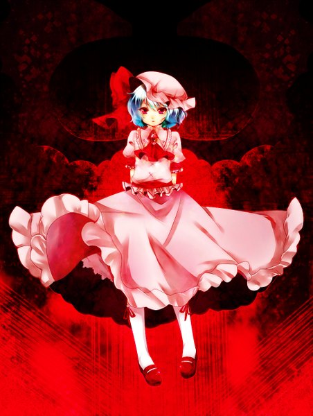 Anime picture 1000x1327 with touhou remilia scarlet yutazou single tall image looking at viewer short hair red eyes blue hair red background girl dress wings socks frills white socks bonnet