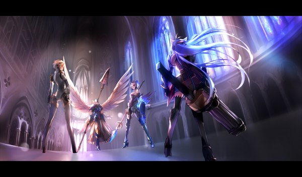 Anime picture 1891x1108 with persona 3 xenosaga shin megami tensei persona odin sphere valkyrie profile vanillaware monolith software kos-mos aegis gwendolyn lenneth negresco highres short hair blue eyes blonde hair wide image standing multiple girls