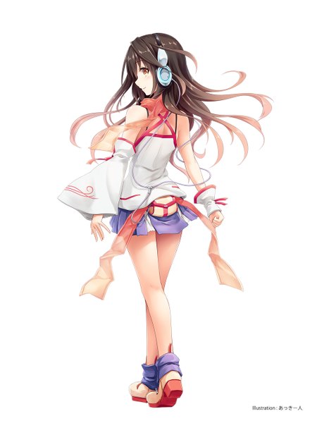 Anime picture 1000x1333 with vocaloid kokone (vocaloid) akkijin single long hair tall image looking at viewer fringe simple background smile brown hair white background bare shoulders brown eyes signed looking back multicolored hair two-tone hair girl ribbon (ribbons)