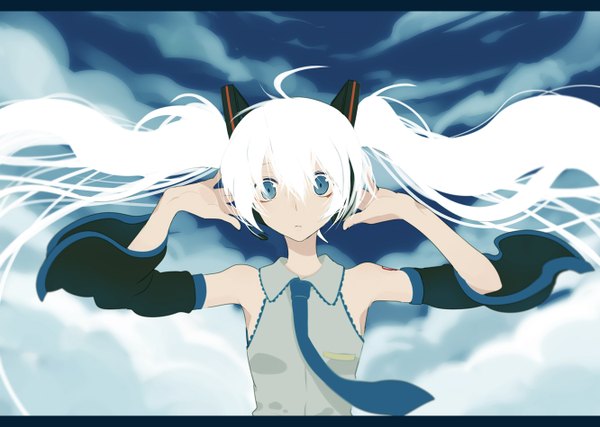 Anime picture 1332x950 with vocaloid hatsune miku yuki miku harano single long hair blue eyes twintails white hair girl detached sleeves necktie