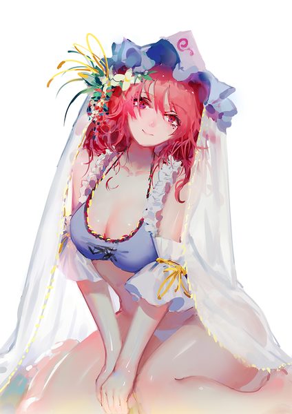 Anime picture 960x1357 with touhou saigyouji yuyuko hoshimawa single long hair tall image looking at viewer fringe breasts light erotic simple background smile hair between eyes large breasts white background sitting pink hair cleavage pink eyes hair flower