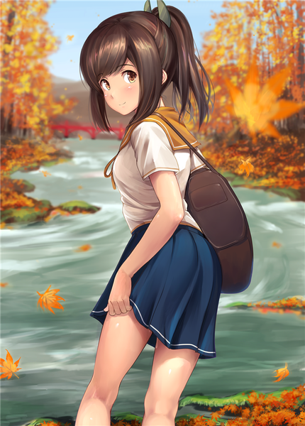Anime picture 800x1116 with kantai collection i-401 aircraft carrying submarine ichikawa feesu single tall image looking at viewer blush fringe short hair breasts smile brown hair brown eyes payot sky outdoors ponytail pleated skirt looking back from behind