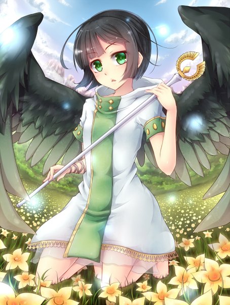 Anime picture 1050x1386 with original shintani tsushiya single tall image short hair black hair green eyes cloud (clouds) girl dress flower (flowers) wings staff