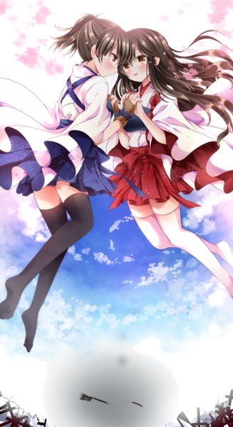 Anime picture 800x1466 with kantai collection kaga aircraft carrier akagi aircraft carrier nogi takayoshi long hair tall image blush black hair multiple girls brown eyes sky cloud (clouds) flying girl thighhighs dress black thighhighs 2 girls white thighhighs armor