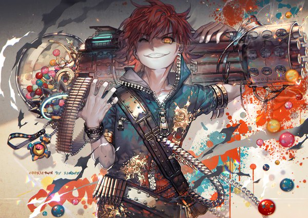Anime picture 1280x908 with cookie run gumball cookie kawacy single looking at viewer short hair standing holding signed red hair one eye closed arm up wink orange eyes copyright name glowing glowing eye (eyes) crazy boy weapon