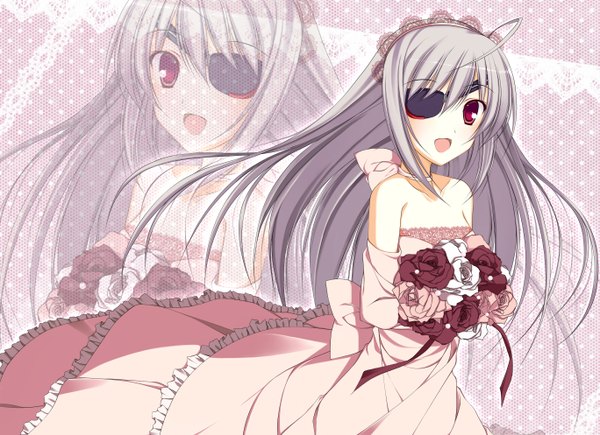 Anime picture 2736x1988 with infinite stratos 8bit laura bodewig nanahosi seiiki (artist) single long hair highres open mouth red eyes bare shoulders silver hair zoom layer girl dress flower (flowers) headdress eyepatch bouquet wedding dress