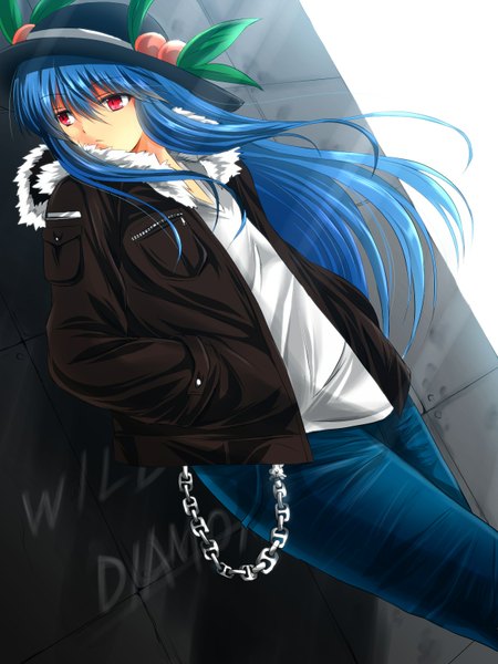 Anime picture 1200x1600 with touhou hinanawi tenshi nekominase single long hair tall image red eyes blue hair looking away open clothes open jacket hands in pockets girl hat chain