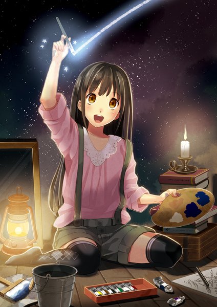 Anime picture 722x1022 with original nakahara (fukufuku) single long hair tall image blush open mouth black hair brown hair holding brown eyes arm up night night sky floor painting girl thighhighs black thighhighs shorts