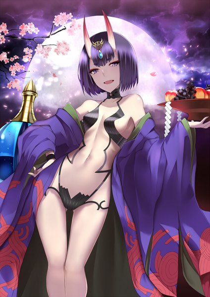 Anime picture 1405x1988 with fate (series) fate/grand order shuten douji (fate) shiguru single tall image looking at viewer fringe short hair open mouth light erotic standing purple eyes purple hair traditional clothes japanese clothes horn (horns) night cherry blossoms ass visible through thighs