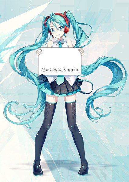 Anime picture 1280x1802 with vocaloid sony hatsune miku hatsune miku (vocaloid3) ixima single long hair tall image looking at viewer smile standing twintails holding ahoge head tilt pleated skirt aqua eyes aqua hair shadow zettai ryouiki