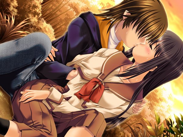 Anime picture 1024x768 with harem days (game) light erotic black hair brown hair game cg kiss girl boy serafuku