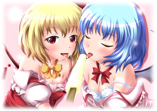 Anime picture 1280x906 with touhou flandre scarlet remilia scarlet neats (artist) blush short hair light erotic blonde hair red eyes multiple girls blue hair eyes closed girl 2 girls wings food sweets bowtie ice cream