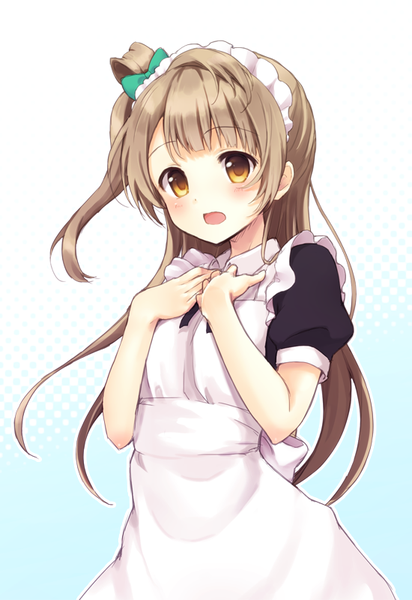 Anime picture 550x800 with love live! school idol project sunrise (studio) love live! minami kotori rimo single long hair tall image looking at viewer blush fringe open mouth simple background brown hair brown eyes maid alternate costume one side up surprised girl