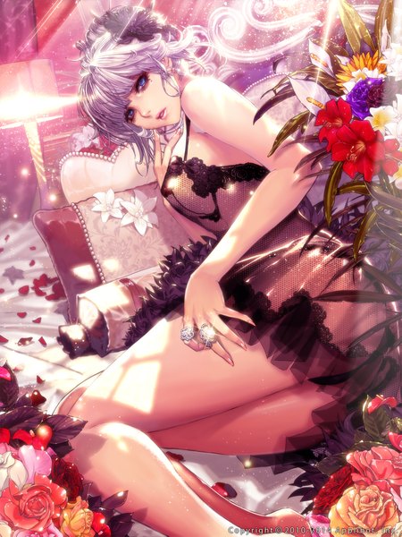 Anime picture 1600x2133 with furyou michi ~gang road~ original xaxak single tall image fringe short hair breasts blue eyes light erotic bare shoulders purple hair bent knee (knees) indoors lying hair flower sunlight mole erect nipples mole under eye