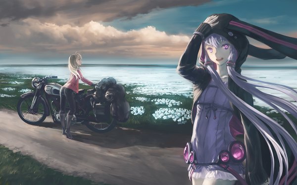 Anime picture 1200x750 with vocaloid voiceroid yuzuki yukari tsurumaki maki yamamomo (plank) long hair looking at viewer open mouth standing twintails multiple girls sky cloud (clouds) ponytail wind open clothes open jacket shadow leaning alternate costume