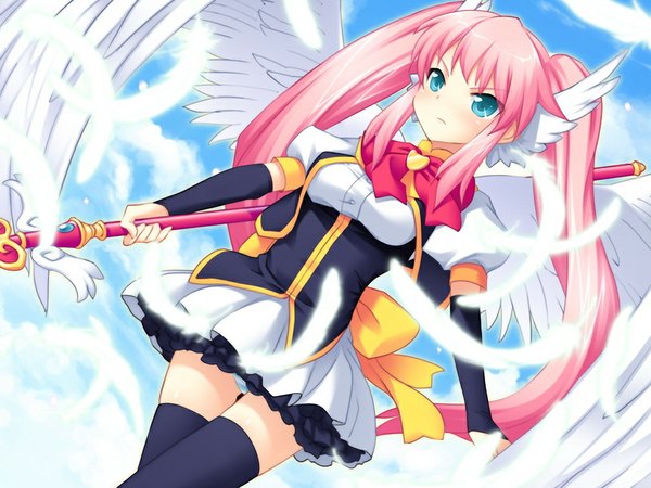 Anime picture 1024x768 with angel magister nagi everbright long hair blue eyes twintails pink hair game cg girl wings