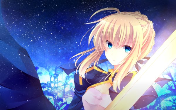 Anime picture 1600x1000 with fate (series) fate/stay night fate/zero studio deen type-moon artoria pendragon (all) saber shirakawa isago single looking at viewer short hair blue eyes blonde hair wide image ahoge girl dress weapon sword