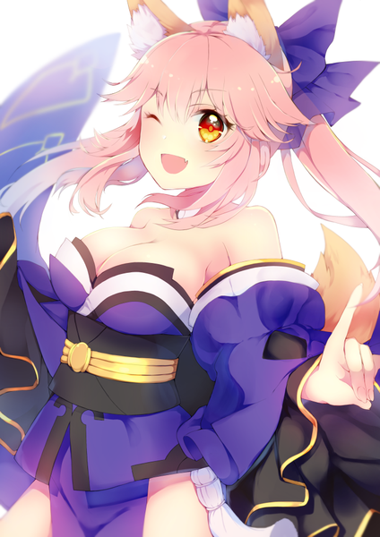 Anime picture 700x990 with fate (series) fate/extra tamamo (fate) (all) tamamo no mae (fate) ameshizuku natsuki single long hair tall image looking at viewer blush breasts open mouth light erotic simple background large breasts white background twintails bare shoulders brown eyes animal ears