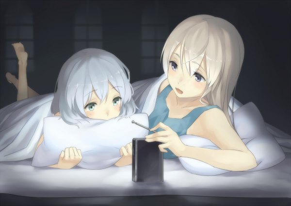 Anime picture 1412x1000 with strike witches sanya v. litvyak eila ilmatar juutilainen ixi (artist) long hair blush short hair open mouth blue eyes multiple girls white hair lying barefoot black eyes girl 2 girls pillow