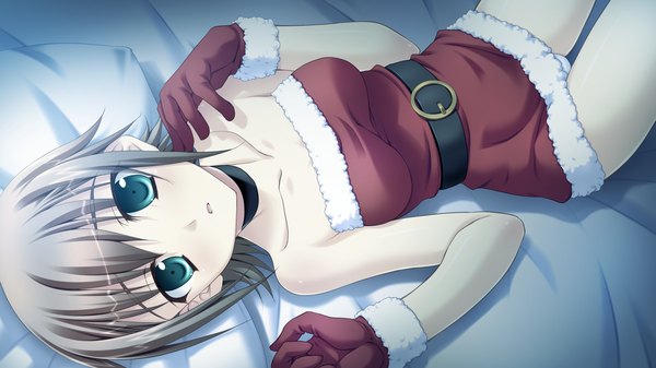 Anime picture 2560x1440 with yaneura no kanojo dp minase (artist) looking at viewer highres short hair brown hair wide image bare shoulders green eyes game cg lying girl gloves