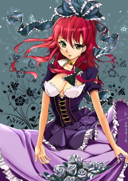 Anime picture 1416x2000 with original dominic (artist) single long hair tall image looking at viewer breasts green eyes cleavage red hair lipstick girl dress bow hair bow choker rose (roses)