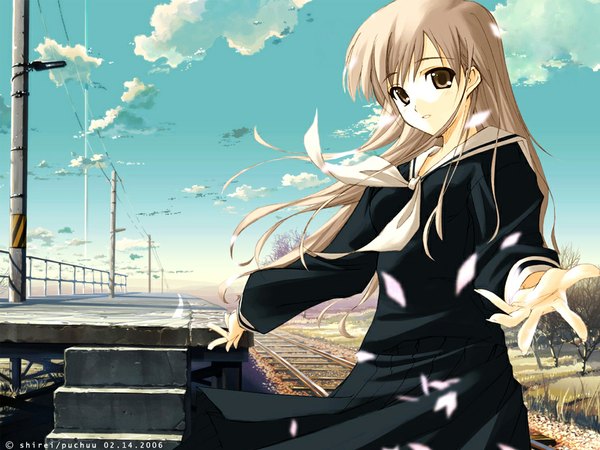 Anime picture 1024x768 with maria-sama ga miteru kumo no mukou yakusoku no basho studio deen toudou shimako shinkai makoto single long hair looking at viewer brown hair brown eyes sky cloud (clouds) wind wallpaper spread arms girl petals serafuku railroad tracks