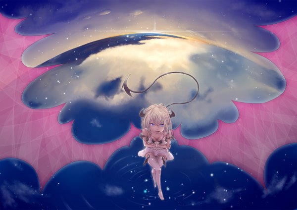 Anime picture 2500x1767 with original agenoumi single highres breasts blue eyes light erotic blonde hair smile looking away sky cloud (clouds) horn (horns) from above demon tail demon wings girl thighhighs white thighhighs wings