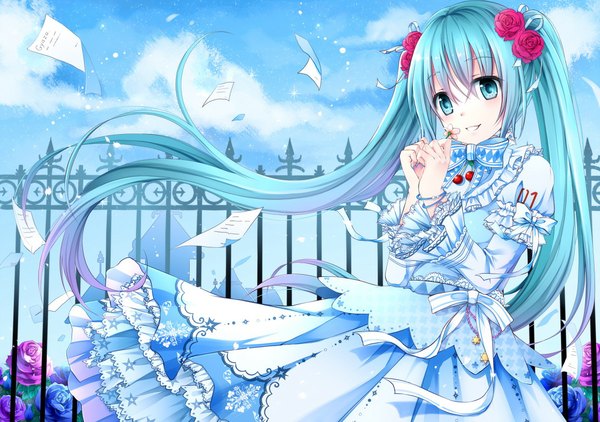 Anime picture 1091x768 with vocaloid hatsune miku gyaza blush smile twintails sky cloud (clouds) very long hair hair flower aqua eyes aqua hair girl dress hair ornament flower (flowers) bow frills paper fence
