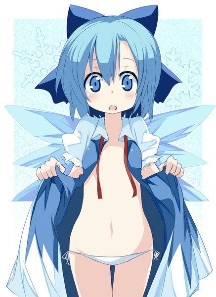 Anime picture 850x1167 with touhou cirno matsuri uta single tall image looking at viewer blush short hair breasts open mouth blue eyes light erotic blue hair open clothes flat chest girl navel underwear panties bow