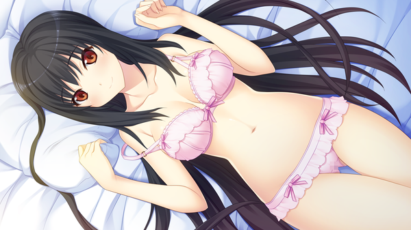 Anime picture 1280x720 with houkago no futekikakusha suenaga haruka (houkago no futekikakusha) single long hair looking at viewer light erotic black hair red eyes wide image game cg lying underwear only girl navel underwear panties lingerie bra pink panties pink bra