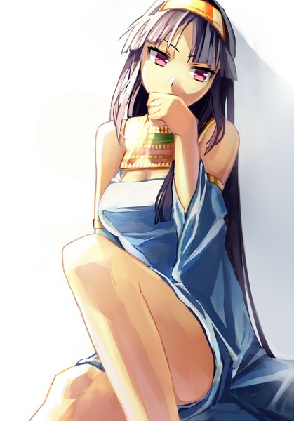 Anime picture 698x1000 with kibanda gohan single long hair tall image black hair simple background bare shoulders looking away girl hair ornament detached sleeves choker
