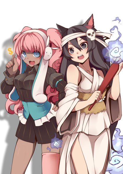Anime picture 2952x4169 with original kaka cheung long hair tall image highres open mouth blue eyes black hair multiple girls animal ears pink hair traditional clothes black eyes cat ears ghost girl 2 girls hairband