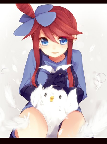 Anime picture 746x1000 with pokemon pokemon black and white nintendo skyla (pokemon) etsuo single long hair tall image looking at viewer blue eyes simple background smile sitting red hair from above character names girl gloves hair ornament animal